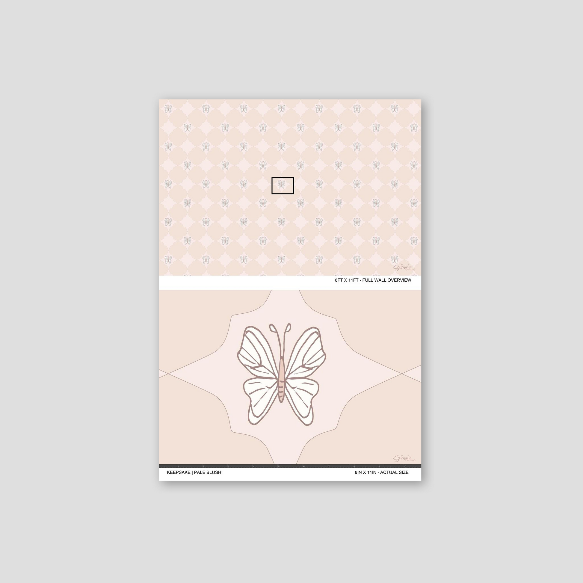 Keepsake Pale Blush wallpaper sample showing full wall scale and an actual-size view of the butterfly design.