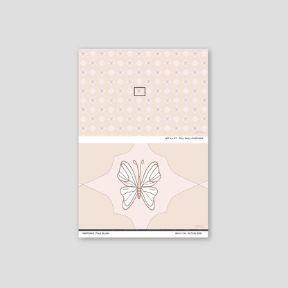 Keepsake Pale Blush wallpaper sample showing full wall scale and an actual-size view of the butterfly design.