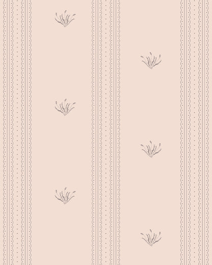 Lace Garden Blush wallpaper with delicate floral motifs, fine vertical lines and soft decorative details.