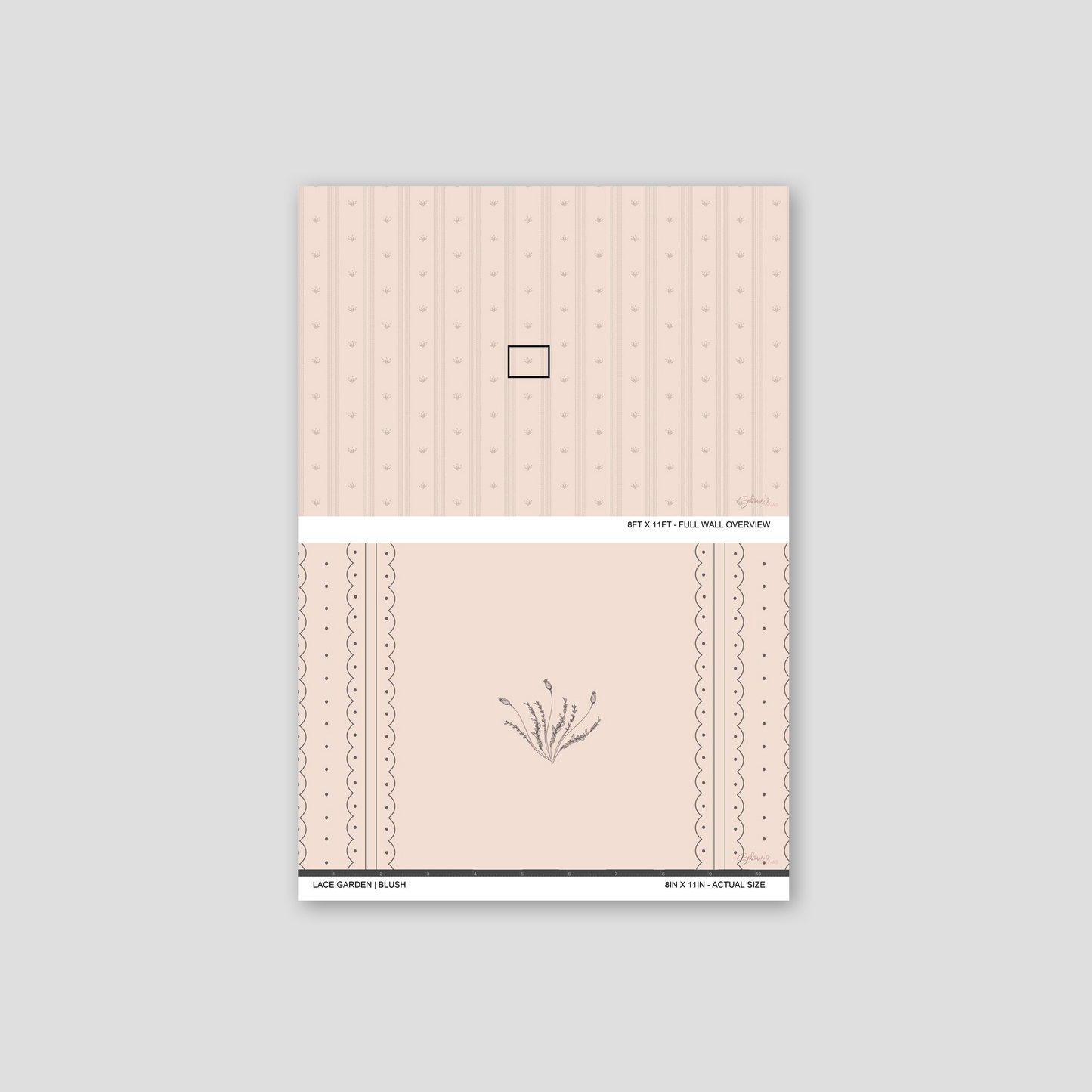 Lace Garden Blush wallpaper sample showing full wall scale and an actual-size view of the delicate floral design.