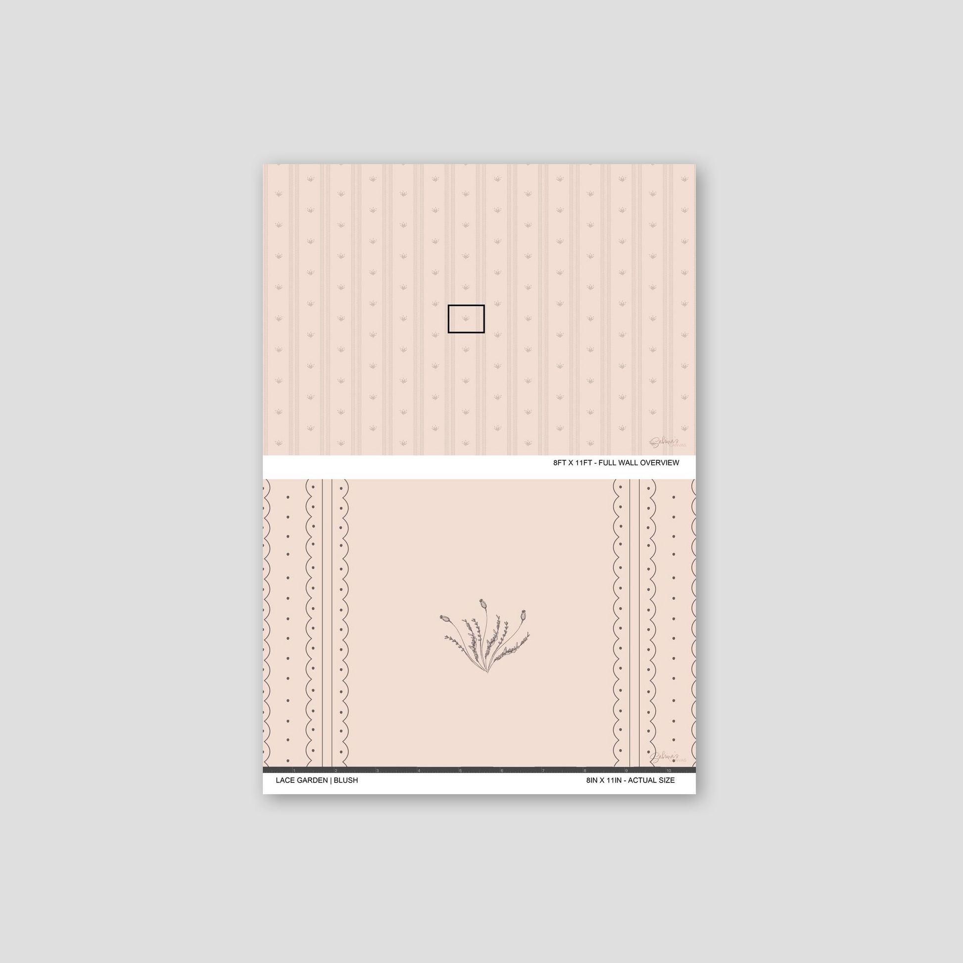 Lace Garden Blush wallpaper sample showing full wall scale and an actual-size view of the delicate floral design.