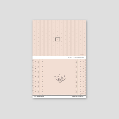 Lace Garden Blush wallpaper sample showing full wall scale and an actual-size view of the delicate floral design.