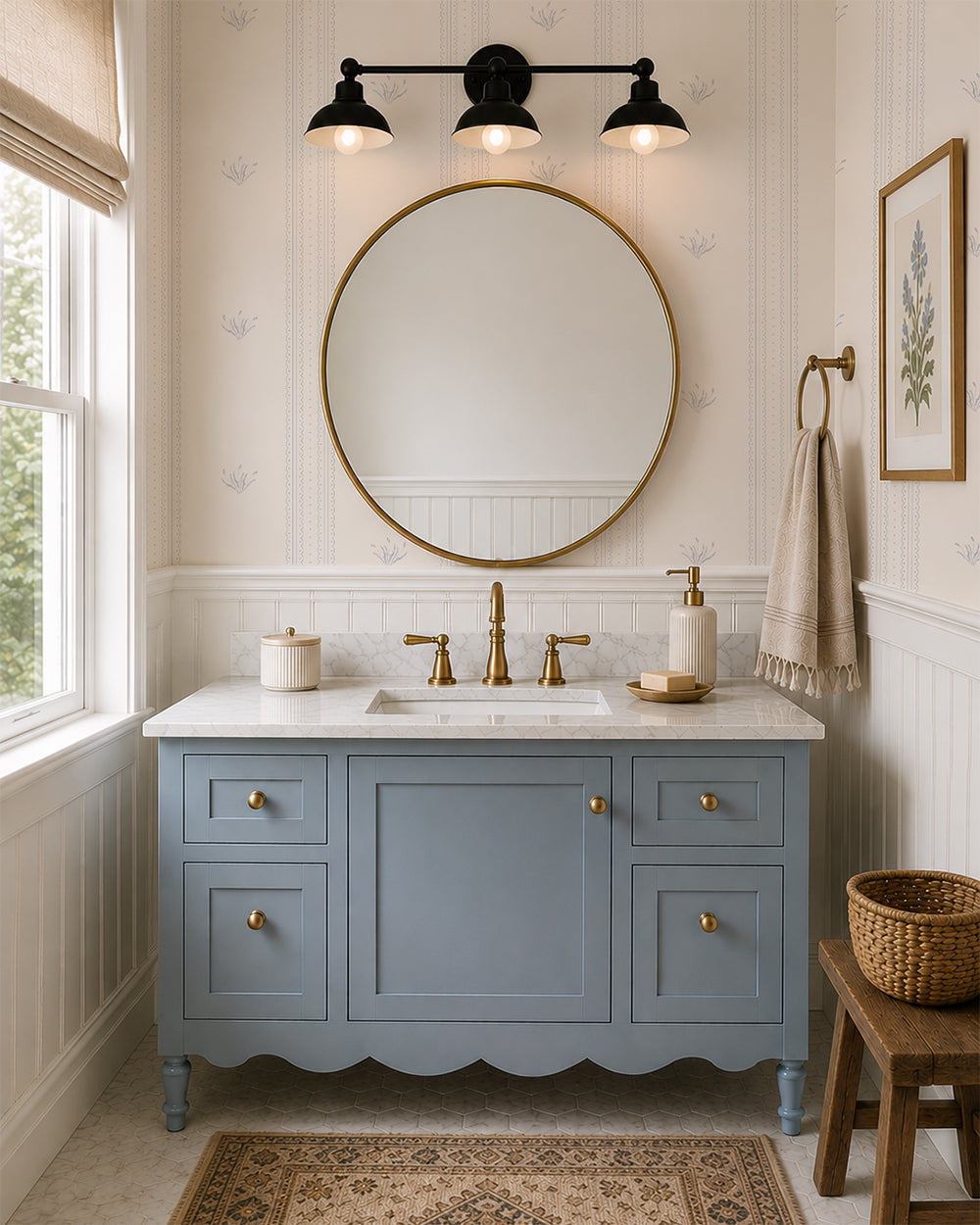 Lace Garden Country Blue on Cream wallpaper in an elegant bathroom with a blue vanity, brass fixtures and round mirror.