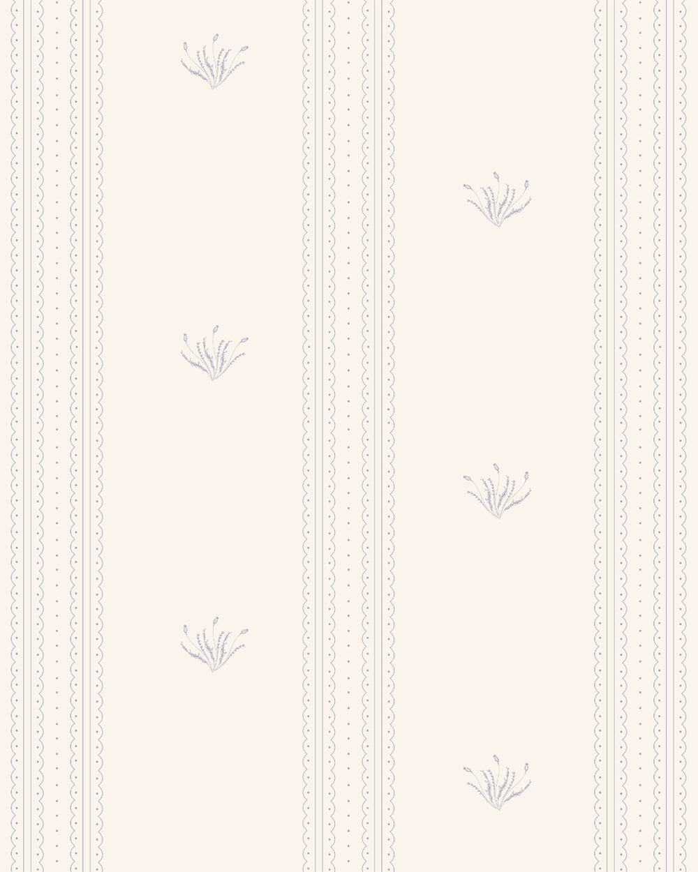 Lace Garden Country Blue on Cream wallpaper with delicate blue lace stripes and small botanical motifs on a cream background.