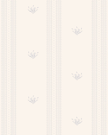 Lace Garden Country Blue on Cream wallpaper with delicate blue lace stripes and small botanical motifs on a cream background.