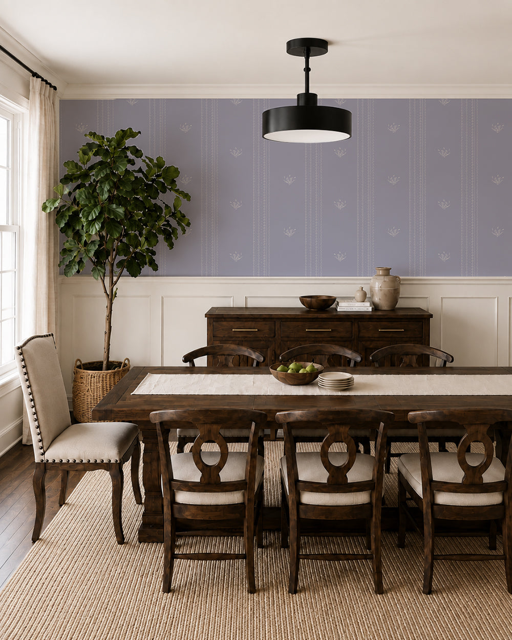 Lace Garden Country Blue wallpaper in an elegant dining room with dark wood furniture and cream paneling.