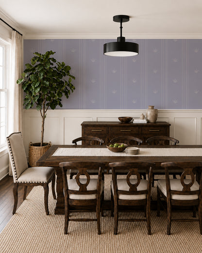 Lace Garden Country Blue wallpaper in an elegant dining room with dark wood furniture and cream paneling.