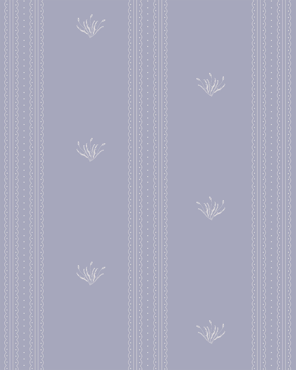 Lace Garden Country Blue wallpaper with delicate lace stripes and small botanical motifs on a muted blue background.