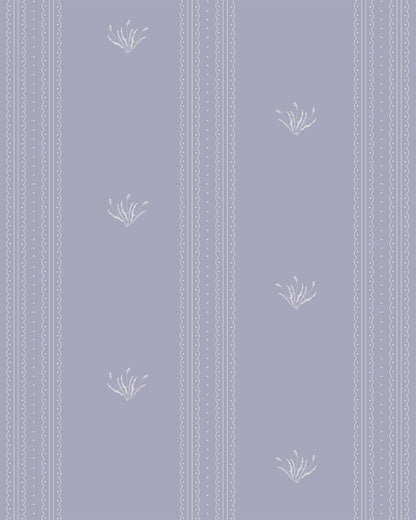 Lace Garden Country Blue wallpaper with delicate lace stripes and small botanical motifs on a muted blue background.