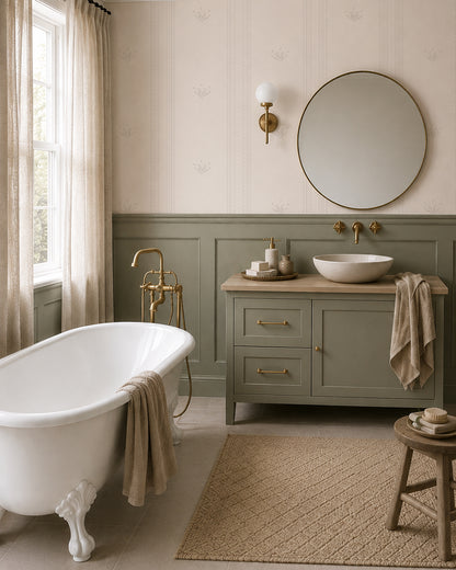 Lace Garden Linen wallpaper in a serene bathroom with sage vanity, white tub and brass fixtures.