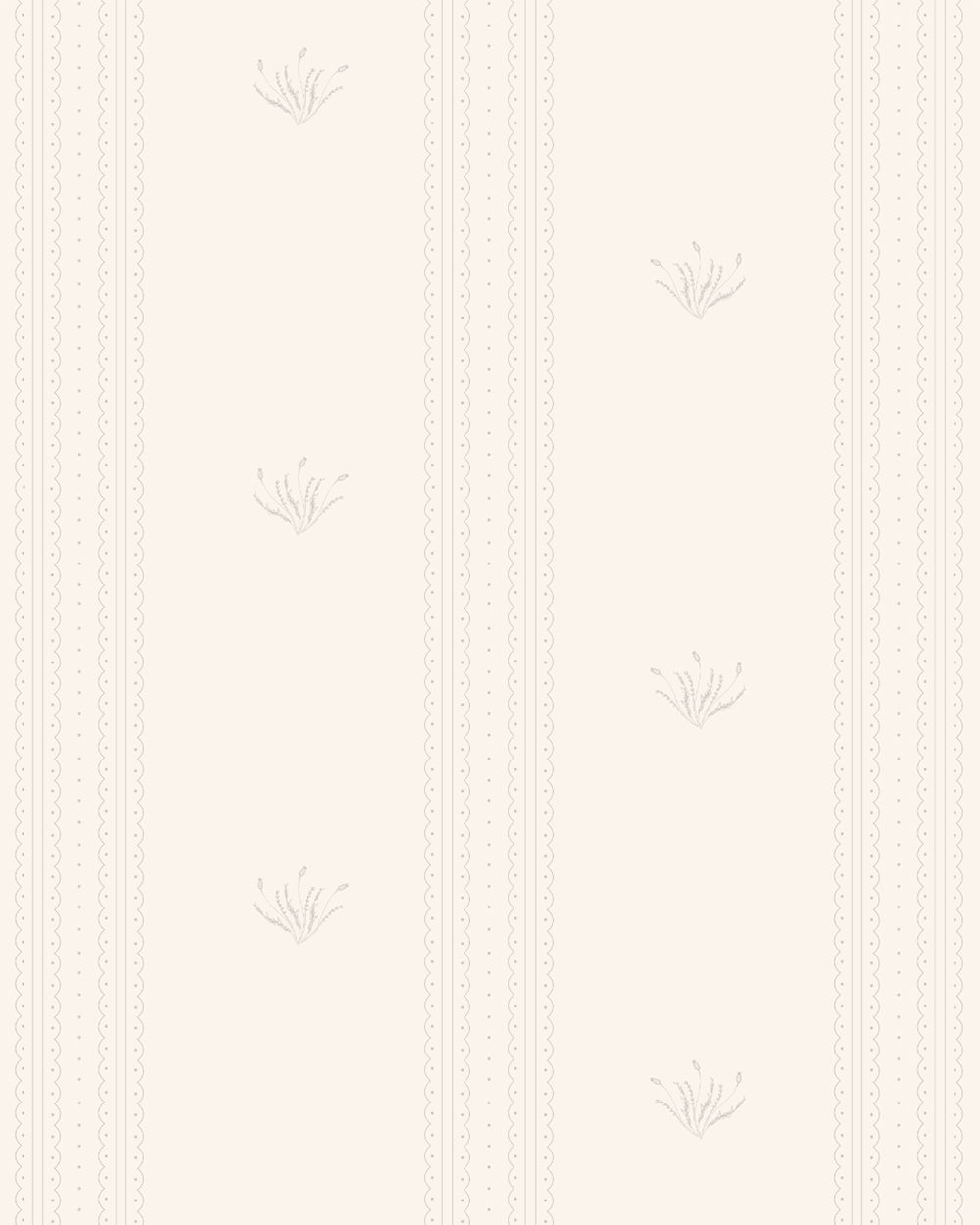 Lace Garden Linen wallpaper with delicate vertical lace stripes and small botanical motifs on a warm cream background.