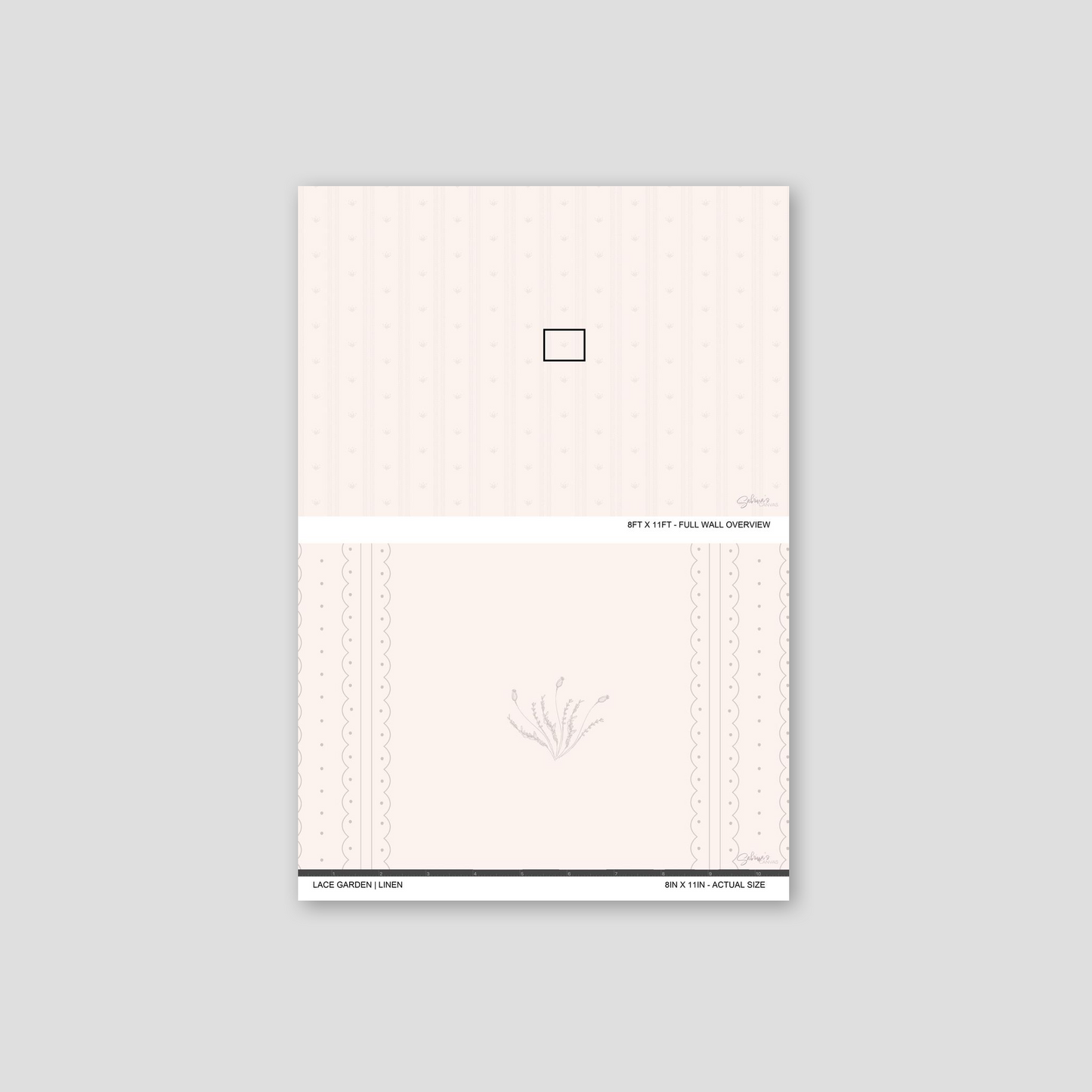 Lace Garden Linen wallpaper sample showing full wall scale and an actual-size view of the delicate striped design.