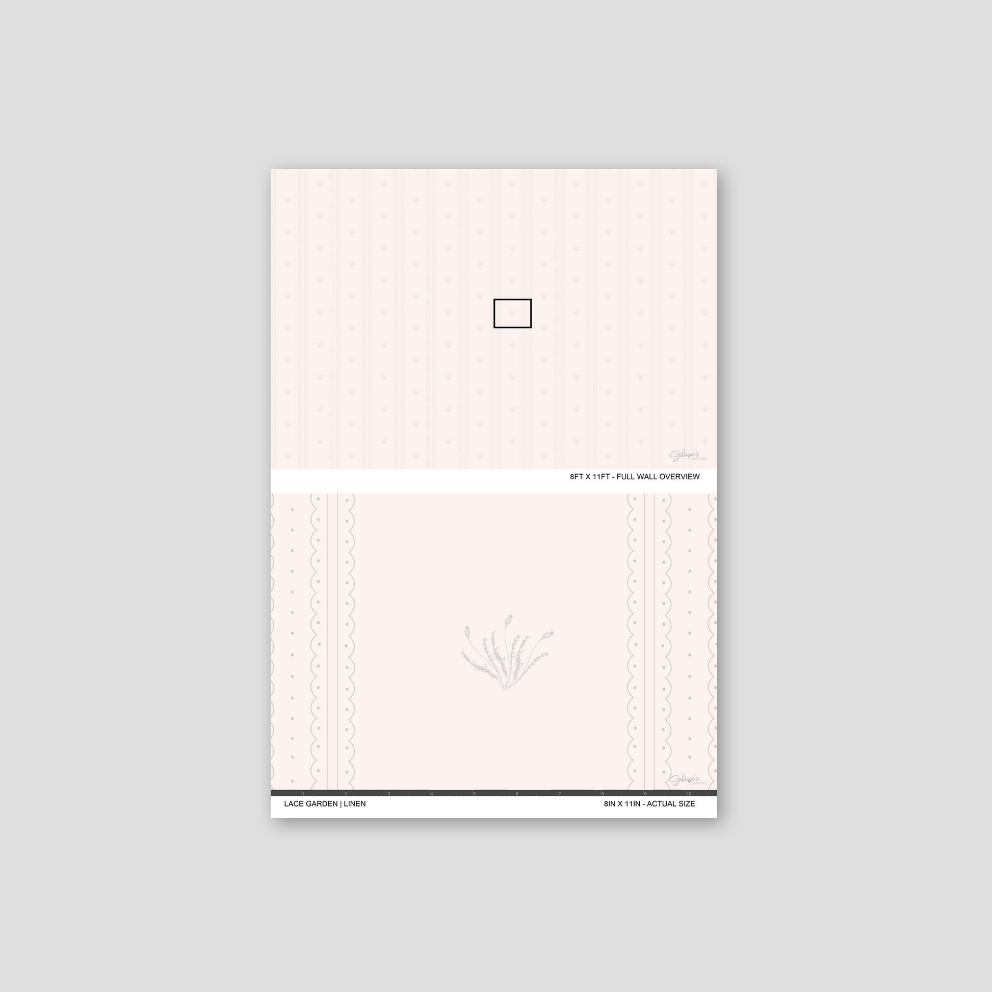 Lace Garden Linen wallpaper sample showing full wall scale and an actual-size view of the delicate striped design.