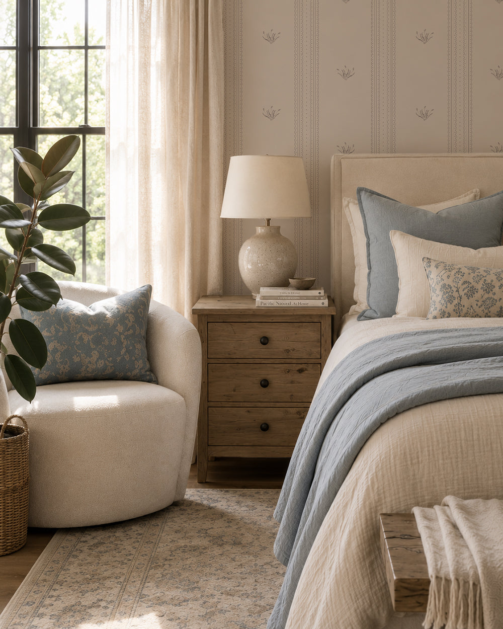 Lace Garden Taupe wallpaper in a serene bedroom with a wood nightstand, cream chair and soft blue accents.