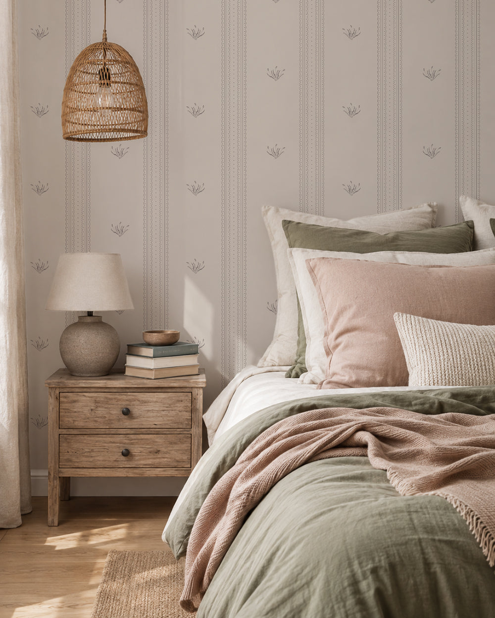 Lace Garden Taupe wallpaper in a cozy bedroom with wood furniture, cream bedding and soft blush and sage accents.