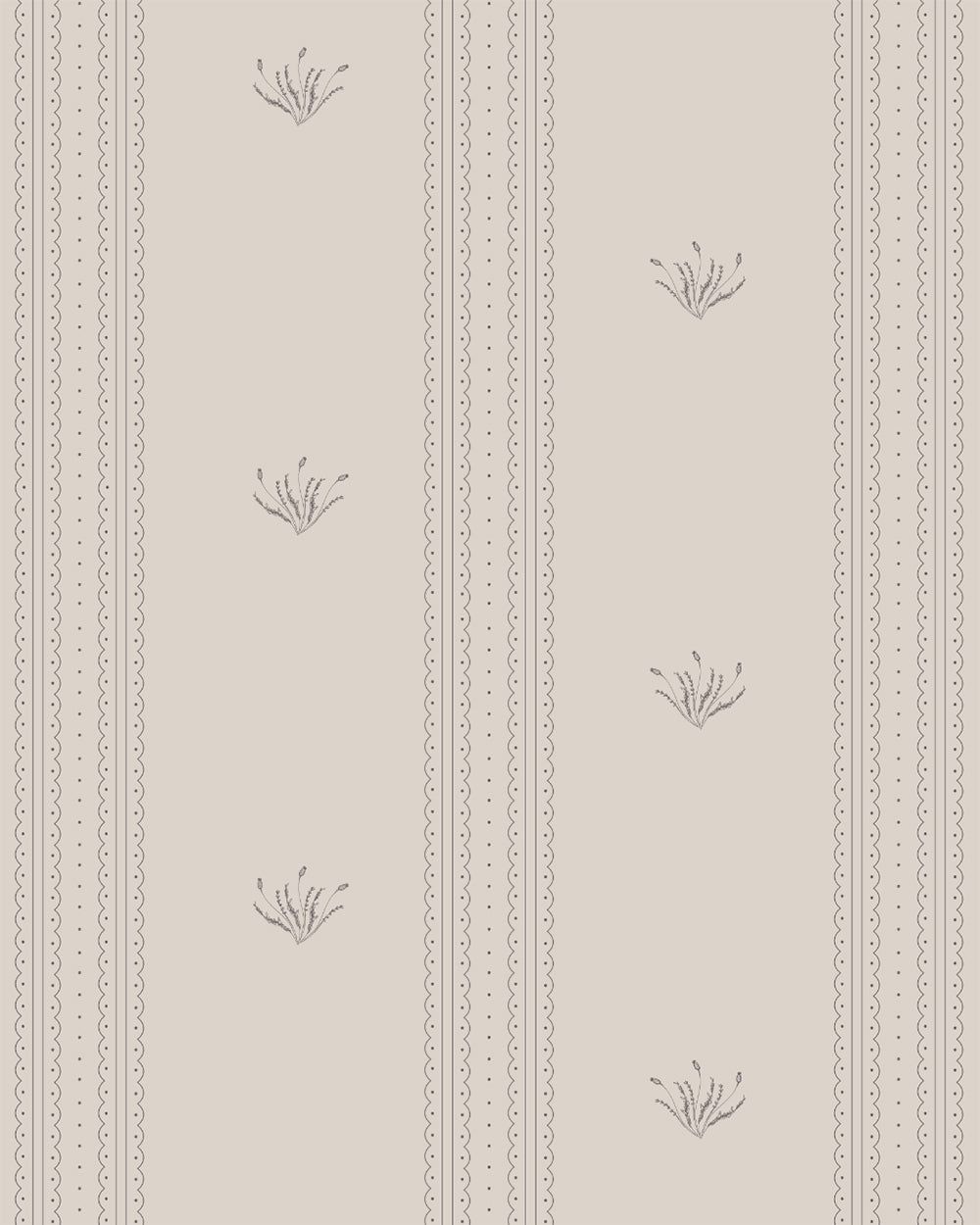 Lace Garden Taupe wallpaper with delicate lace stripes and small botanical motifs on a soft taupe background.