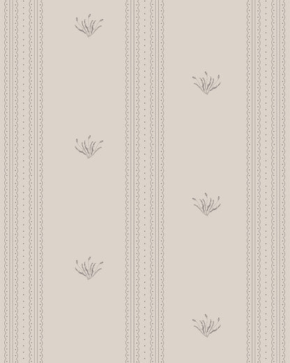 Lace Garden Taupe wallpaper with delicate lace stripes and small botanical motifs on a soft taupe background.