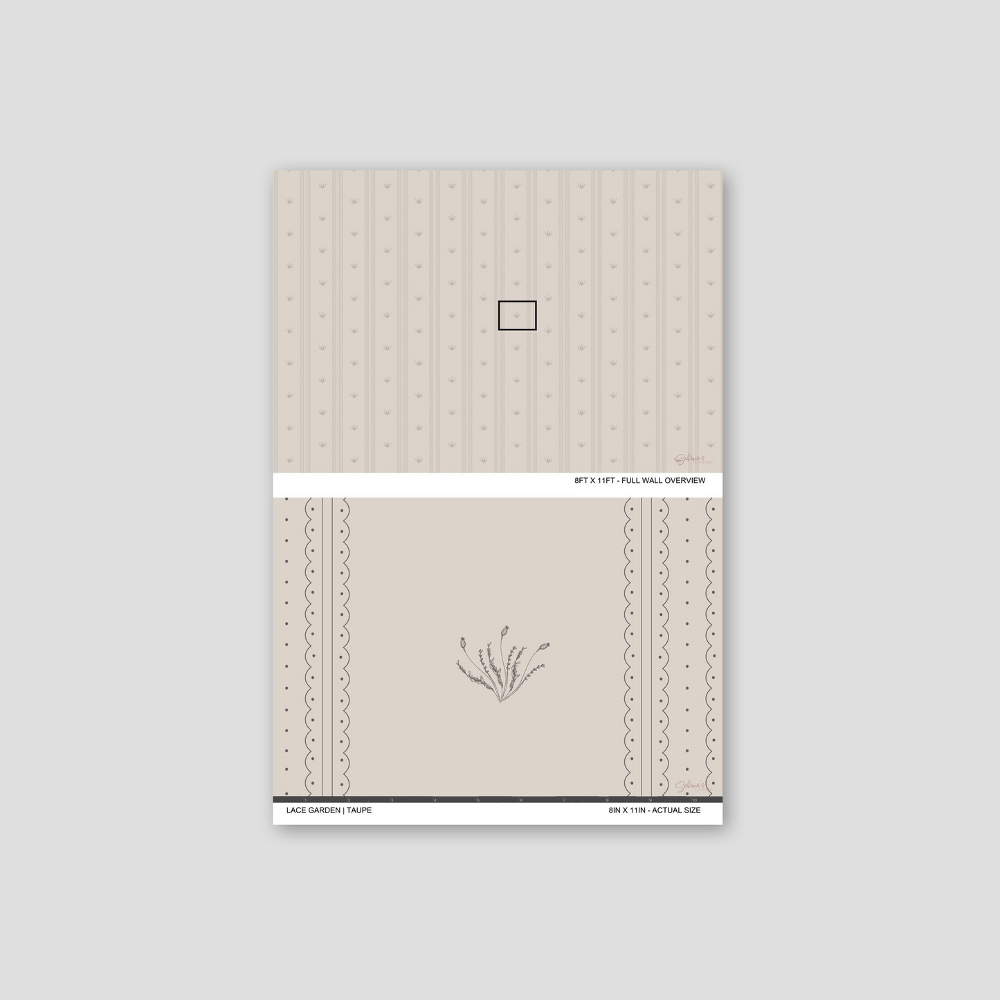 Lace Garden Taupe wallpaper sample showing full wall scale and an actual-size view of the delicate striped design.