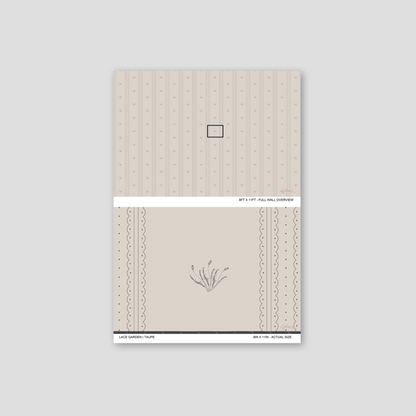 Lace Garden Taupe wallpaper sample showing full wall scale and an actual-size view of the delicate striped design.