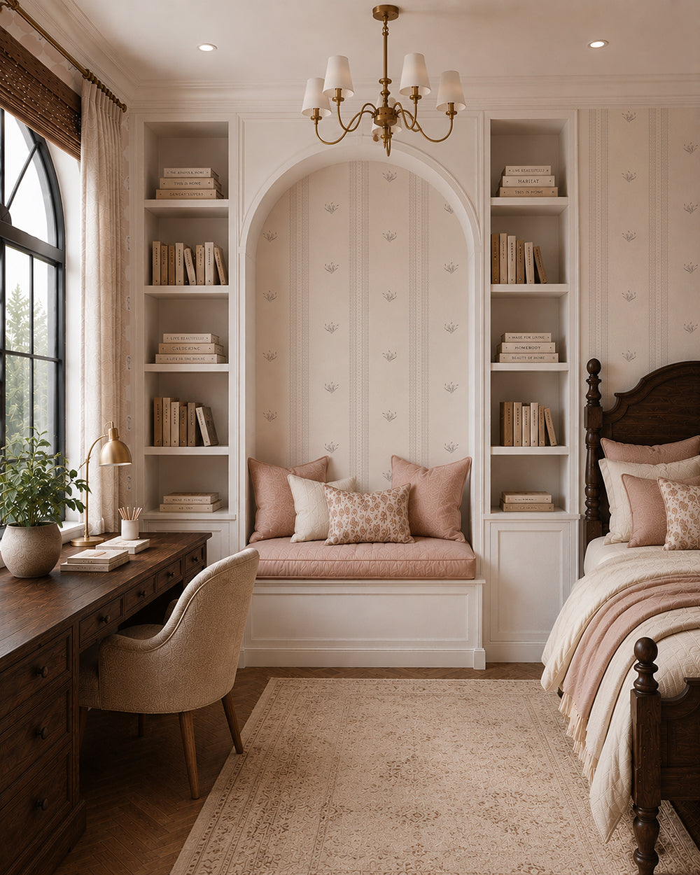 Lace Garden Warm Brown wallpaper in a cozy bedroom nook with built-in shelves, wood furniture and blush accents.