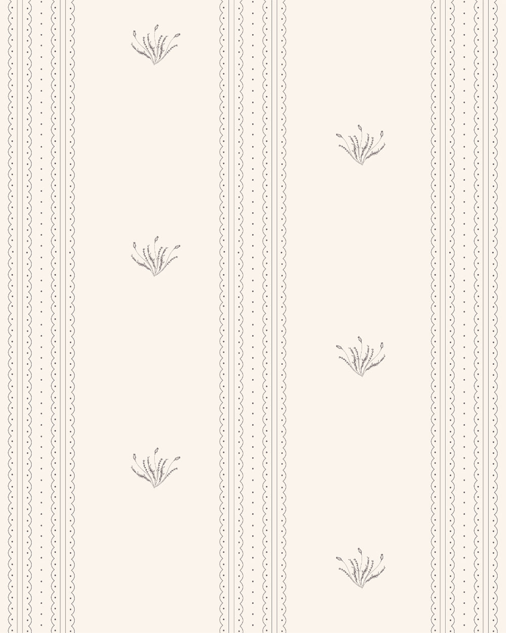 Lace Garden Warm Brown wallpaper with delicate lace stripes and small botanical motifs on a soft cream background.