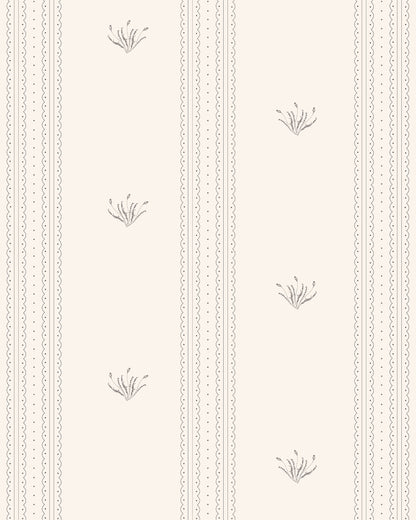 Lace Garden Warm Brown wallpaper with delicate lace stripes and small botanical motifs on a soft cream background.
