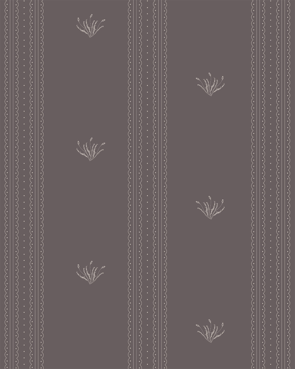 Lace Garden Warm Brown wallpaper with delicate lace stripes and small botanical motifs on a deep brown background.