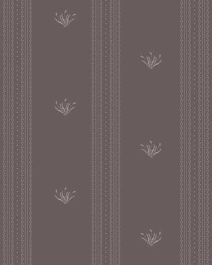 Lace Garden Warm Brown wallpaper with delicate lace stripes and small botanical motifs on a deep brown background.
