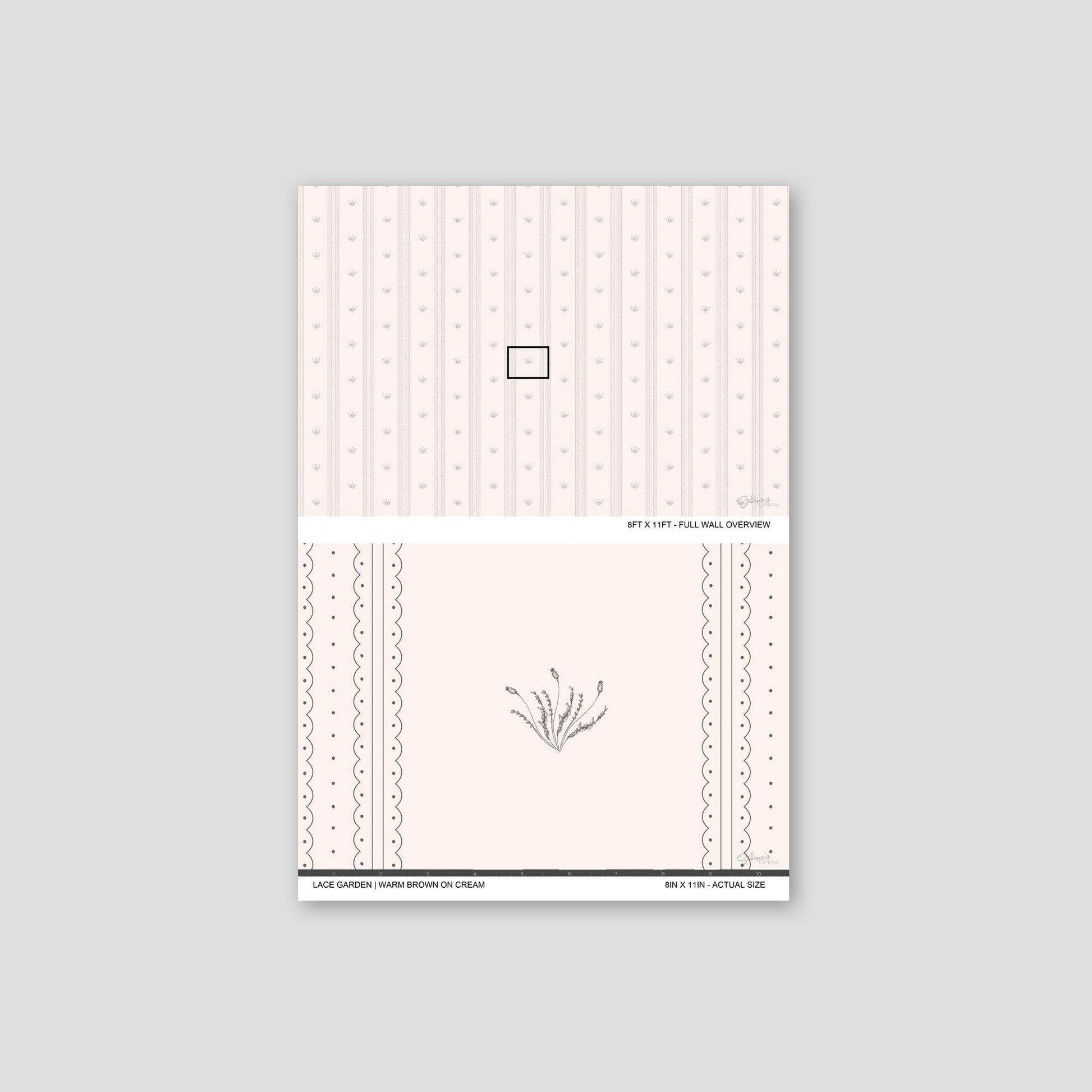 Lace Garden Warm Brown wallpaper sample showing full wall scale and an actual-size view of the delicate striped design.