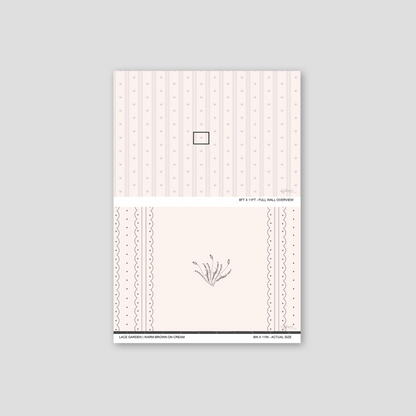 Lace Garden Warm Brown wallpaper sample showing full wall scale and an actual-size view of the delicate striped design.