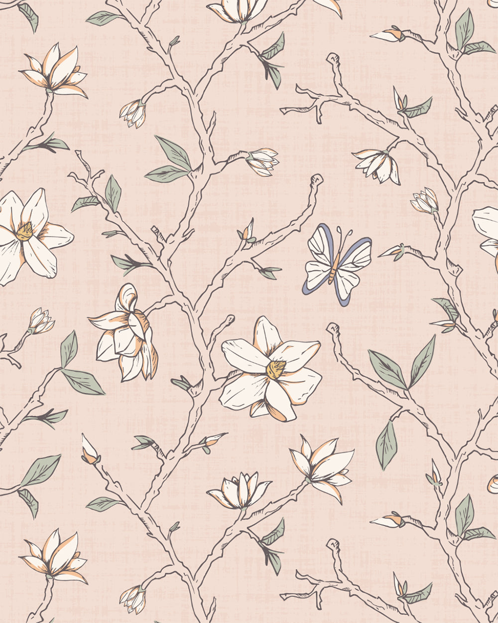 Magnolia Bloom Blush wallpaper with hand-drawn magnolia branches, cream blossoms, green leaves and butterflies.