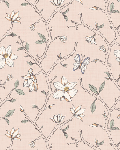 Magnolia Bloom Blush wallpaper with hand-drawn magnolia branches, cream blossoms, green leaves and butterflies.