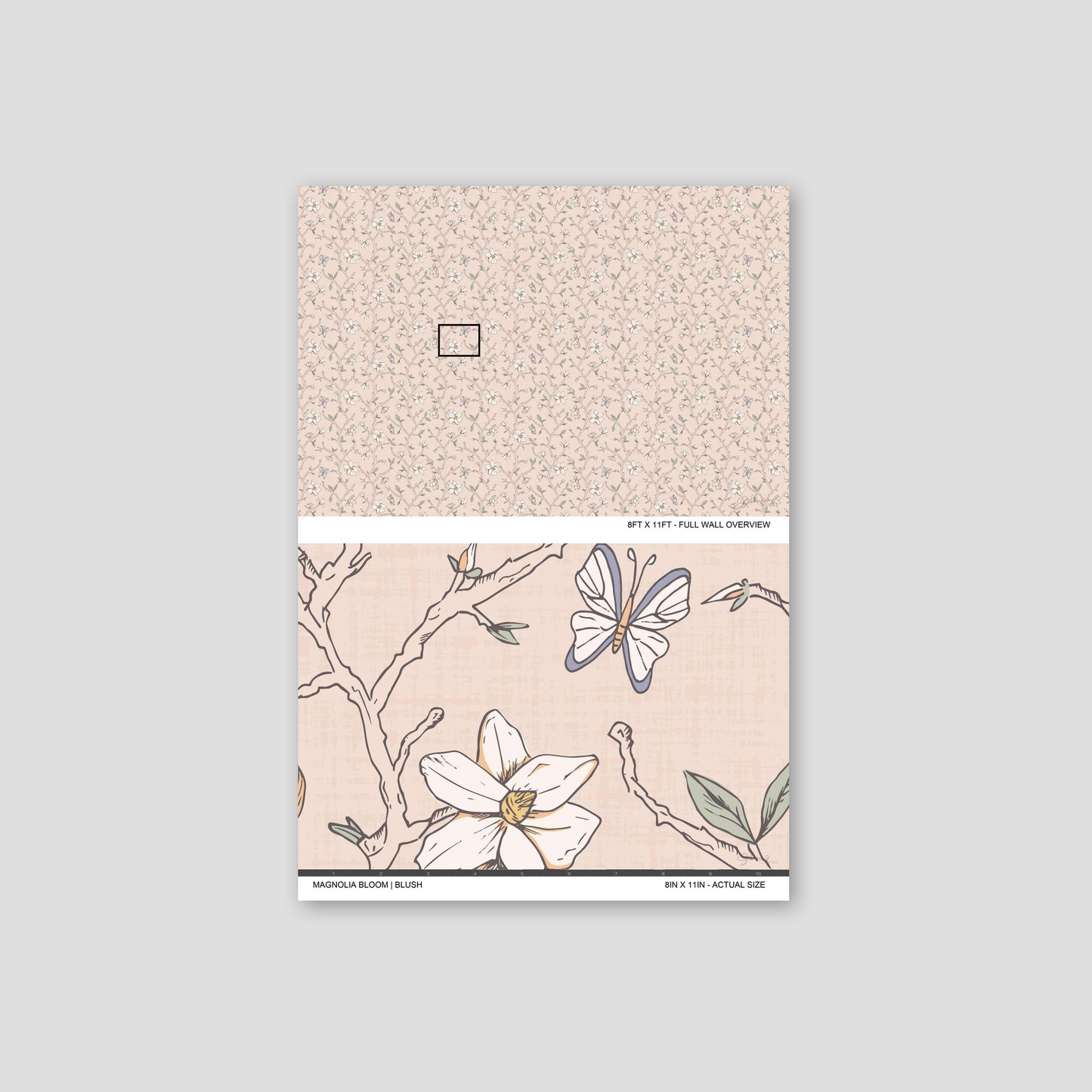 Magnolia Bloom Blush wallpaper sample showing the full wall scale and an actual-size view of the magnolia design.