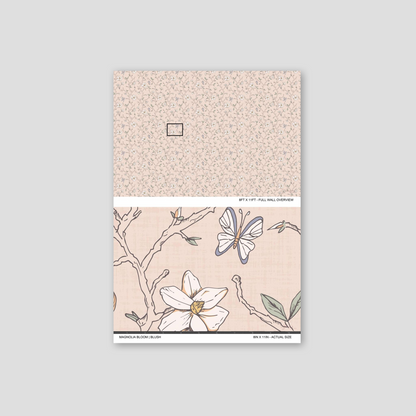 Magnolia Bloom Blush wallpaper sample showing the full wall scale and an actual-size view of the magnolia design.