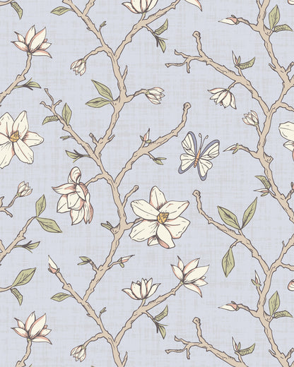 Magnolia Bloom Country Blue wallpaper with hand-drawn magnolia branches, cream blossoms, green leaves and butterflies.