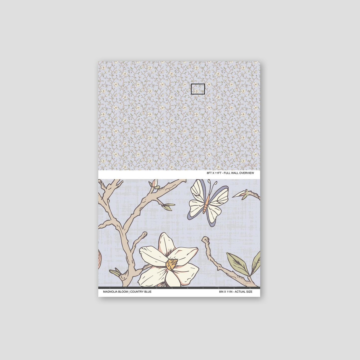 Magnolia Bloom Country Blue wallpaper sample showing the full wall scale and an actual-size view of the magnolia design.