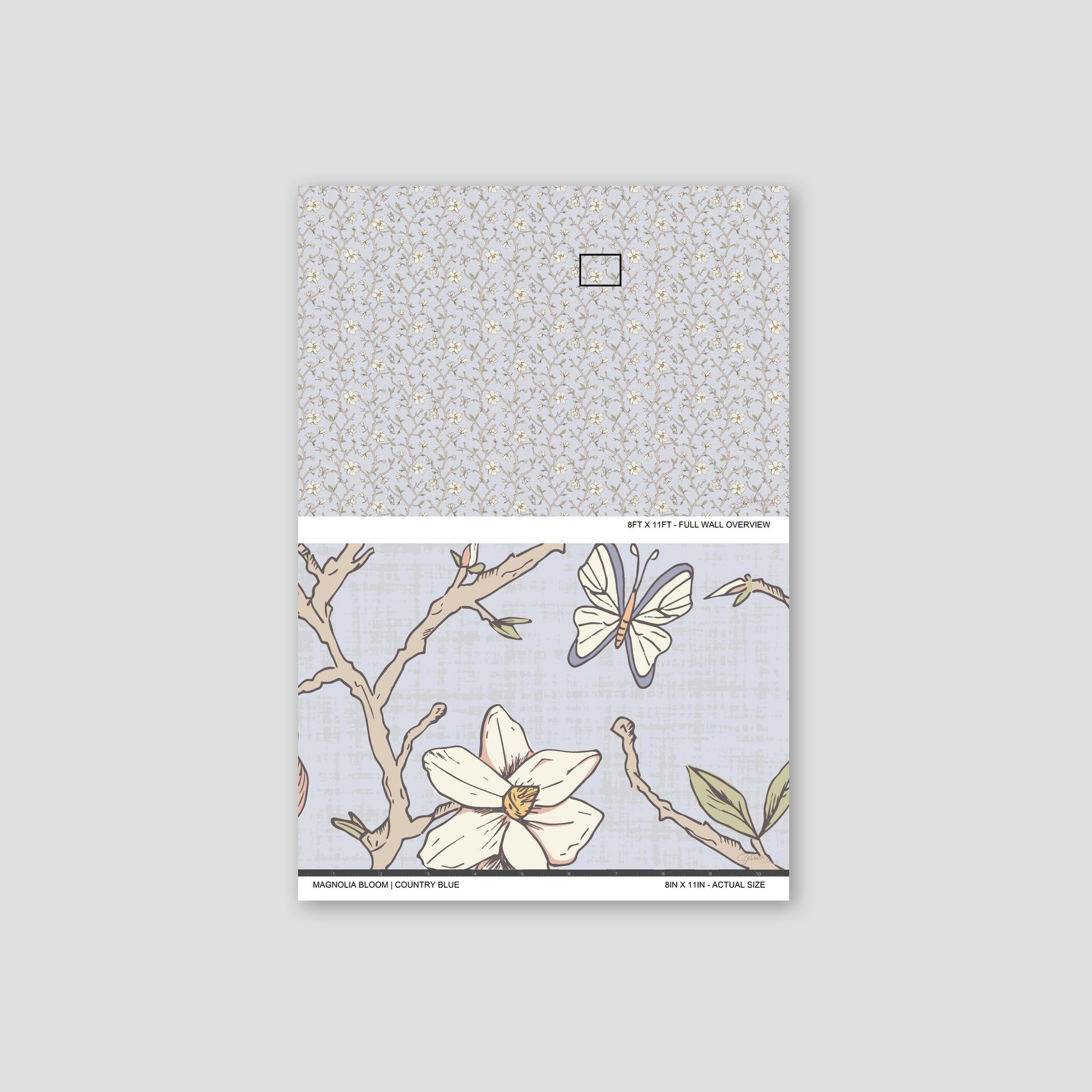 Magnolia Bloom Country Blue wallpaper sample showing the full wall scale and an actual-size view of the magnolia design.