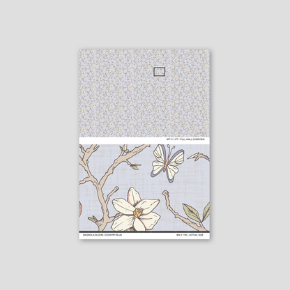 Magnolia Bloom Country Blue wallpaper sample showing the full wall scale and an actual-size view of the magnolia design.