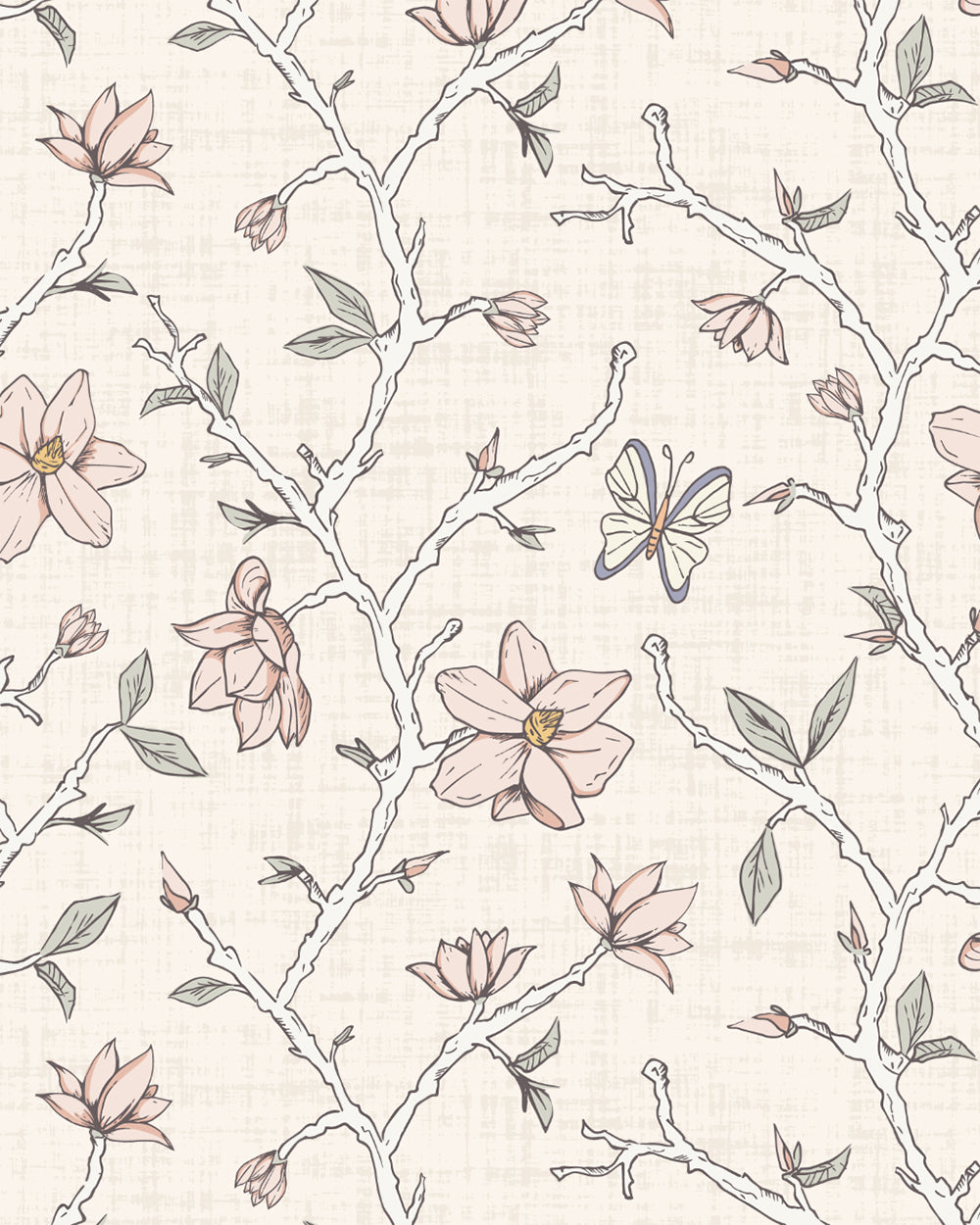 Magnolia Bloom Cream wallpaper with hand-drawn magnolia branches, blush blossoms, green leaves and butterflies.