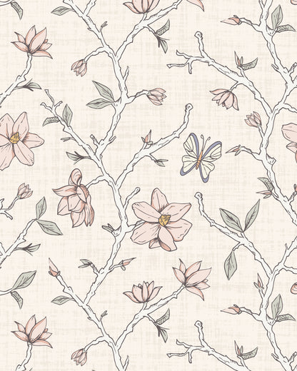 Magnolia Bloom Cream wallpaper with hand-drawn magnolia branches, blush blossoms, green leaves and butterflies.