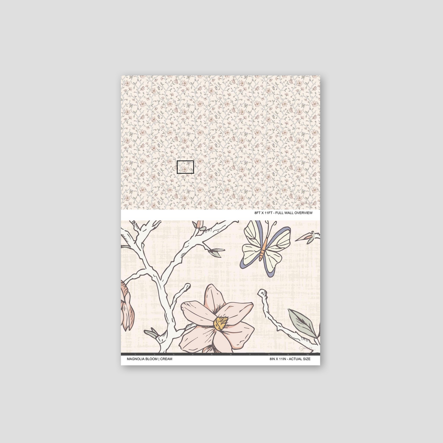 Magnolia Bloom Cream wallpaper sample showing the full wall scale and an actual-size view of the magnolia design.
