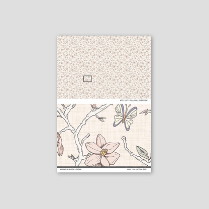 Magnolia Bloom Cream wallpaper sample showing the full wall scale and an actual-size view of the magnolia design.
