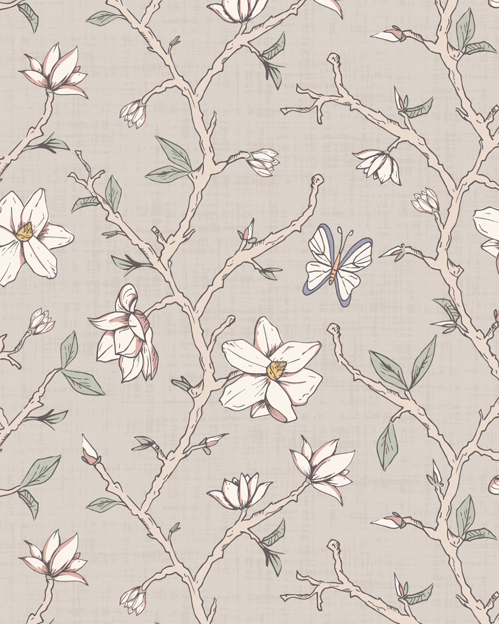 Magnolia Bloom Taupe wallpaper with hand-drawn magnolia branches, cream blossoms, green leaves and butterflies.