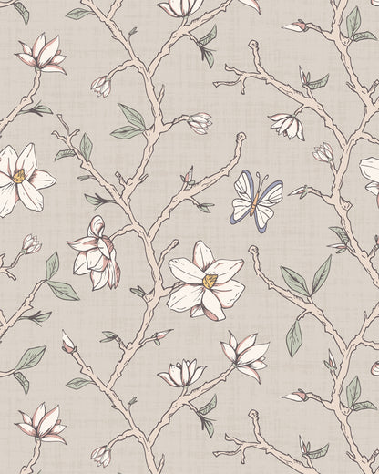 Magnolia Bloom Taupe wallpaper with hand-drawn magnolia branches, cream blossoms, green leaves and butterflies.