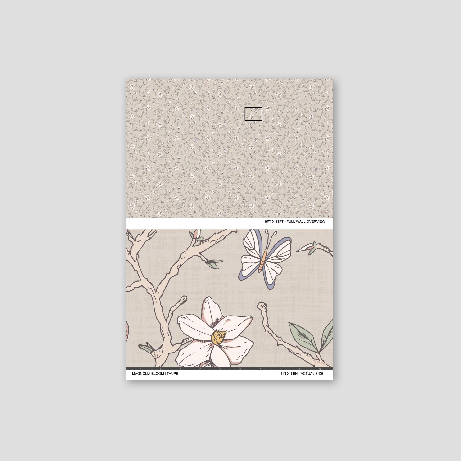 Magnolia Bloom Taupe wallpaper sample showing the full wall scale and an actual-size view of the magnolia design.