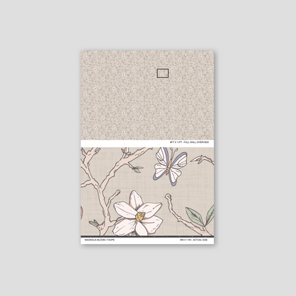 Magnolia Bloom Taupe wallpaper sample showing the full wall scale and an actual-size view of the magnolia design.