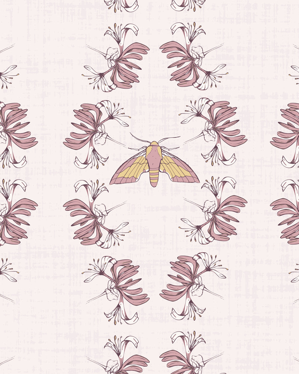 Night Bloom Soft Blush wallpaper with honeysuckle blooms and a softly detailed moth on a pale blush background.