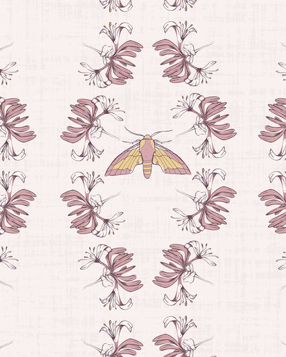 Night Bloom Soft Blush wallpaper with honeysuckle blooms and a softly detailed moth on a pale blush background.