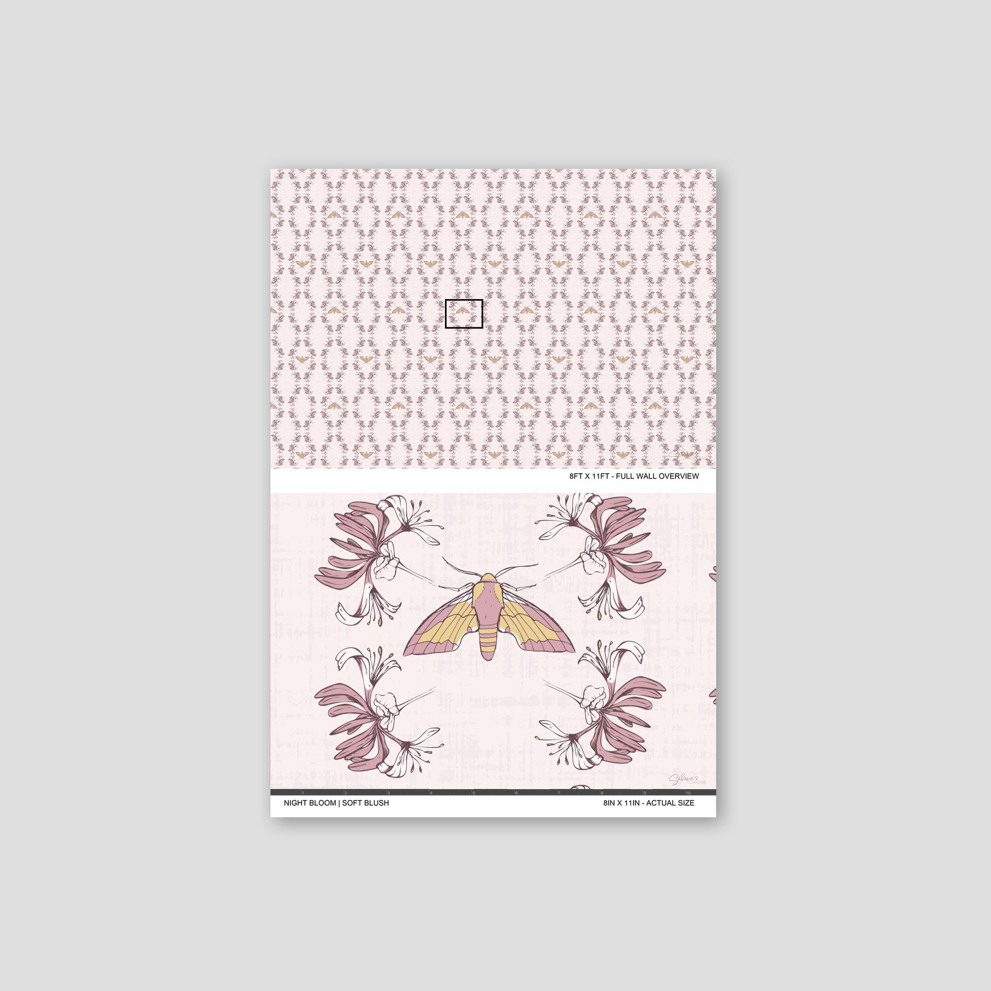 Night Bloom Soft Blush wallpaper sample showing full wall scale and an actual-size view of the floral moth design.