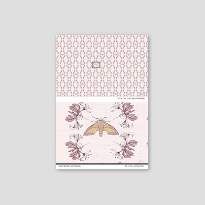 Night Bloom Soft Blush wallpaper sample showing full wall scale and an actual-size view of the floral moth design.